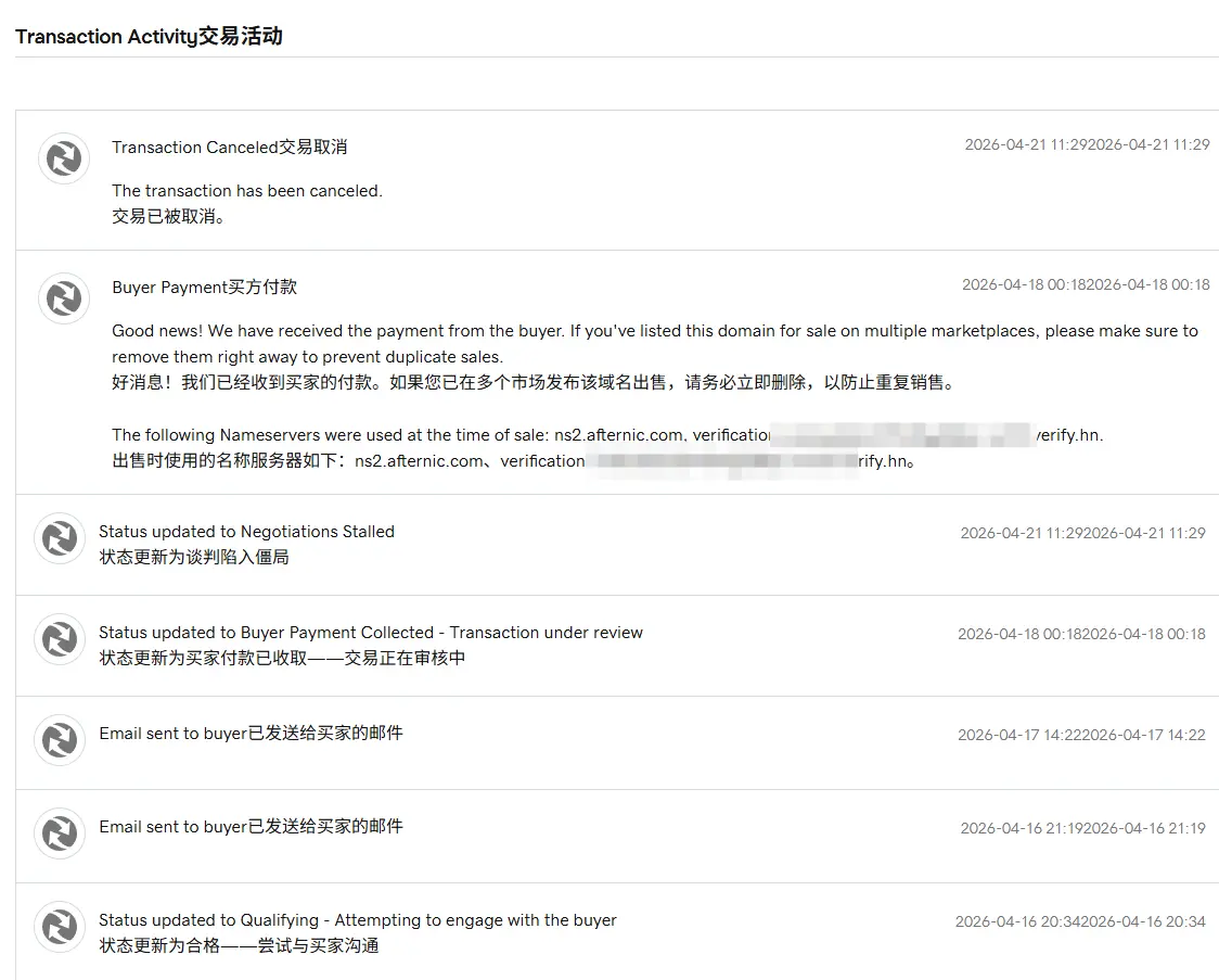 afternic也是离谱，买家已付款甚至直到取消交易我都没收到邮件